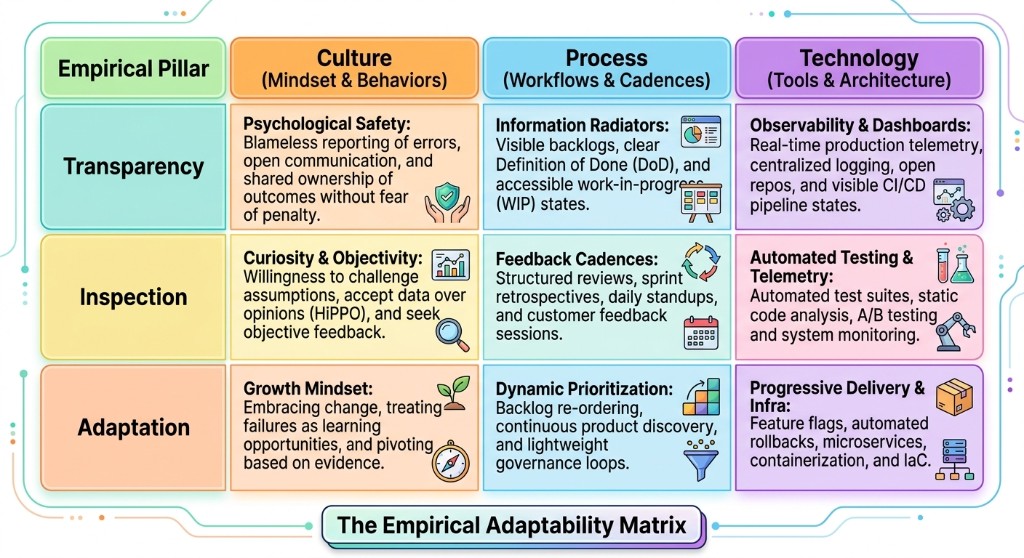 The Empirical Adaptability Matrix mapping Transparency, Inspection, and Adaptation across Culture, Process, and Technology